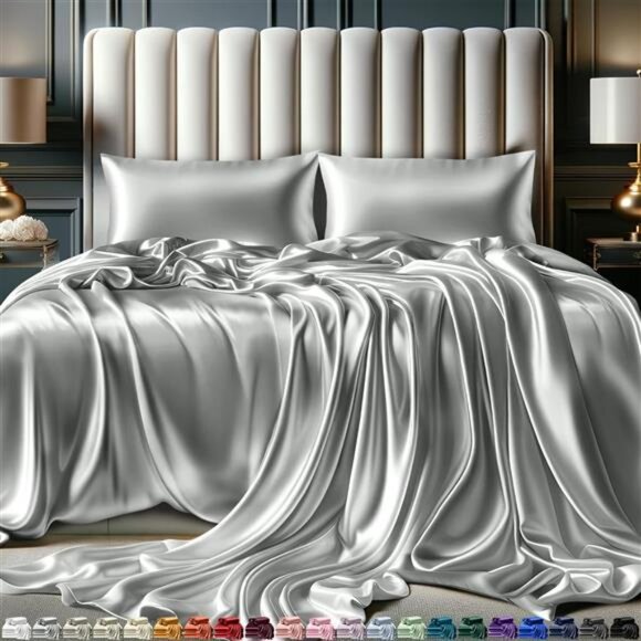 Satin Sheets Queen Size Set 4 Pcs - Silky & Luxuriously Soft Satin Bed Sheets - Picture 1 of 7